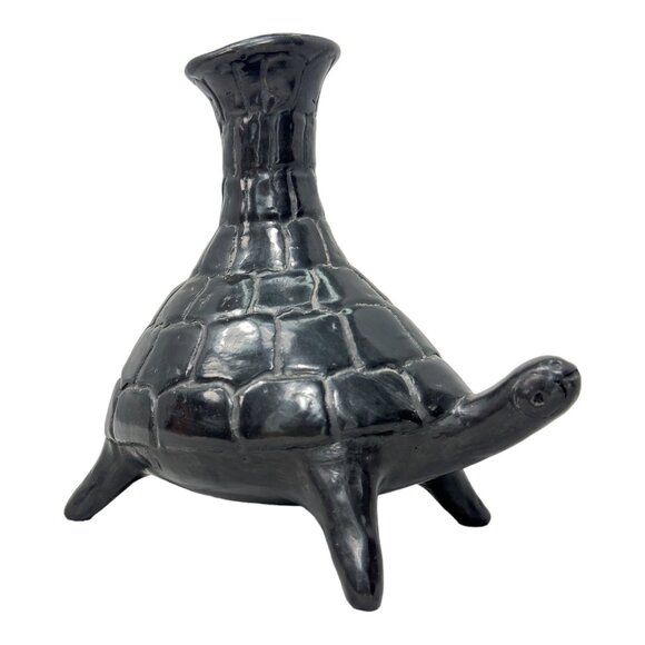 Barro Negro de Oaxaca Handmade Black Mexican Clay Tortoise VNTG Vase 7" H x 8" W - Picture 3 of 8